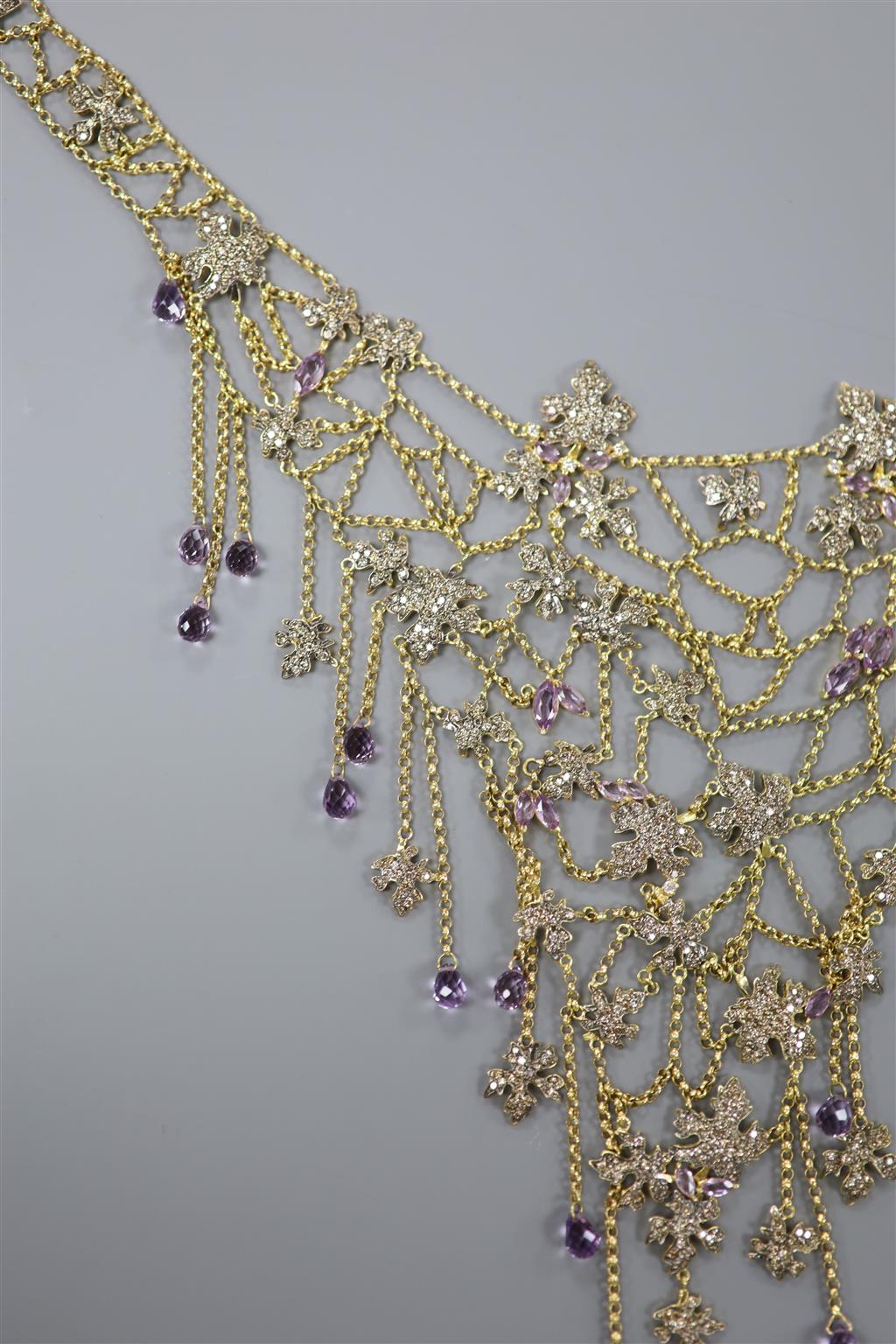 A 20th century yellow metal, amethyst and diamond chip set drop fringe necklace,